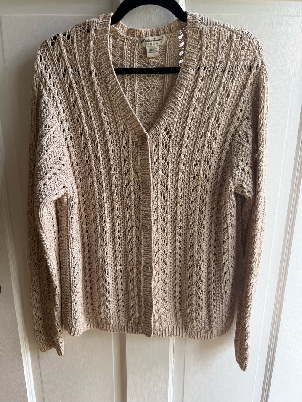 Eddie Bauer Women's Light Taupe Openwork Button-Front Cardigan